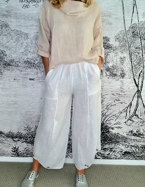 HELGA MAY_MINI BUTTON PANT LINEN WHITE _ MINI BUTTON PANT LINEN WHITE _ Ebony Boutique NZ
