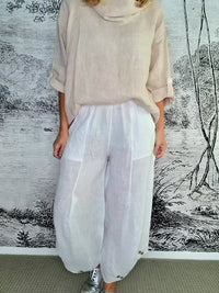 HELGA MAY_MINI BUTTON PANT LINEN WHITE _ MINI BUTTON PANT LINEN WHITE _ Ebony Boutique NZ