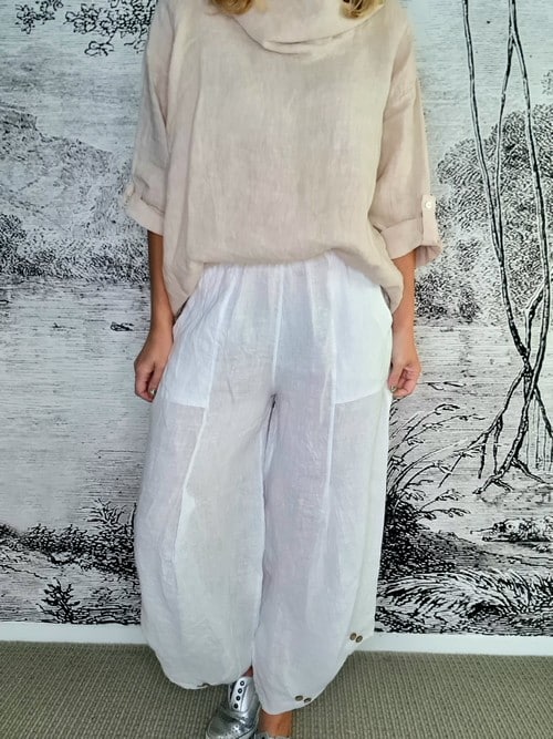 HELGA MAY_MINI BUTTON PANT LINEN WHITE _ MINI BUTTON PANT LINEN WHITE _ Ebony Boutique NZ