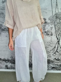 HELGA MAY_MINI BUTTON PANT LINEN WHITE _ MINI BUTTON PANT LINEN WHITE _ Ebony Boutique NZ