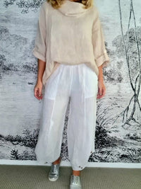 HELGA MAY_MINI BUTTON PANT LINEN WHITE _ MINI BUTTON PANT LINEN WHITE _ Ebony Boutique NZ