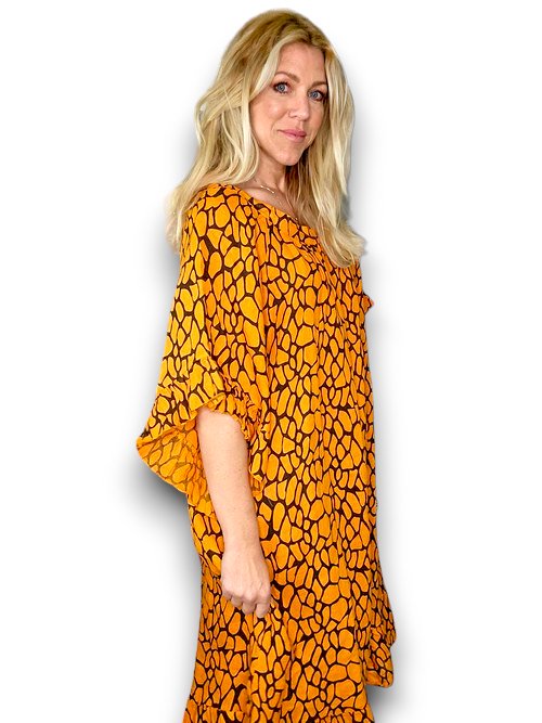 HELGA MAY_NORDIC FRILL DRESS LINEN TURTOISE ORANGE _ NORDIC FRILL DRESS LINEN TURTOISE ORANGE _ Ebony Boutique NZ