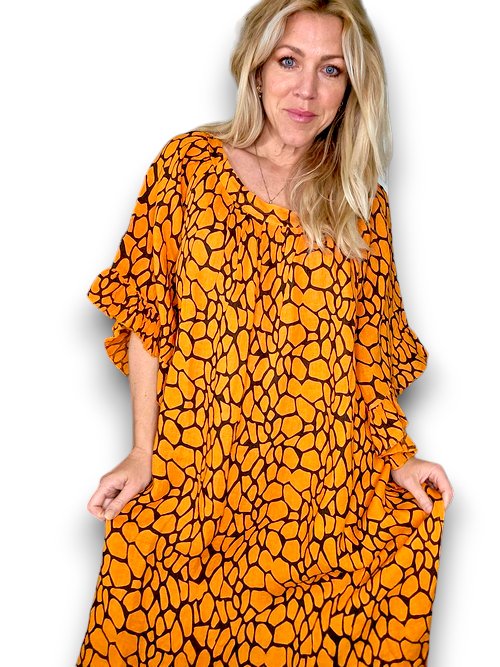 HELGA MAY_NORDIC FRILL DRESS LINEN TURTOISE ORANGE _ NORDIC FRILL DRESS LINEN TURTOISE ORANGE _ Ebony Boutique NZ