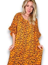 HELGA MAY_NORDIC FRILL DRESS LINEN TURTOISE ORANGE _ NORDIC FRILL DRESS LINEN TURTOISE ORANGE _ Ebony Boutique NZ