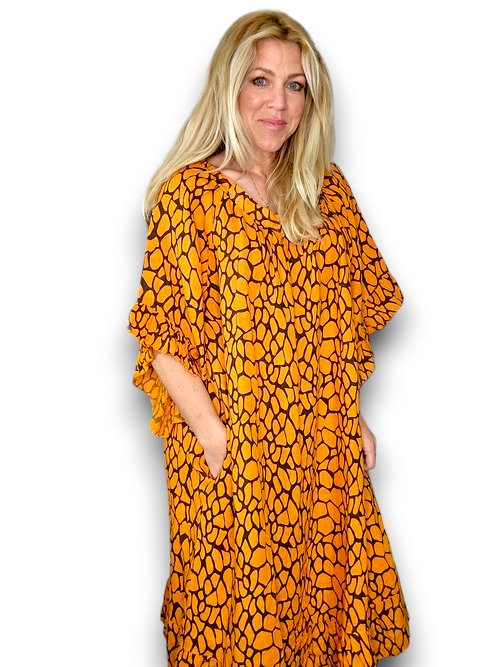 HELGA MAY_NORDIC FRILL DRESS LINEN TURTOISE ORANGE _ NORDIC FRILL DRESS LINEN TURTOISE ORANGE _ Ebony Boutique NZ