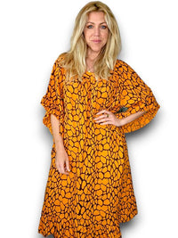 HELGA MAY_NORDIC FRILL DRESS LINEN TURTOISE ORANGE _ NORDIC FRILL DRESS LINEN TURTOISE ORANGE _ Ebony Boutique NZ
