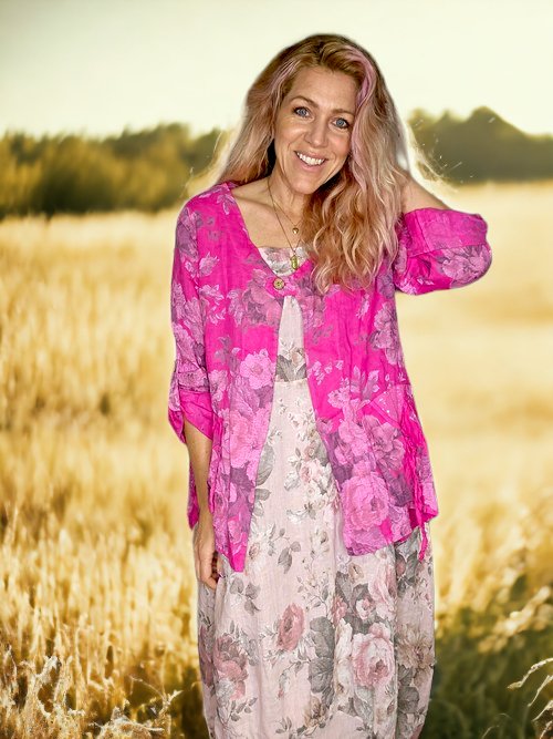 HELGA MAY_SEQUIN POCKET JACKET LINEN SCARLETT ROSE HOT PINK _ SEQUIN POCKET JACKET LINEN SCARLETT ROSE HOT PINK _ Ebony Boutique NZ