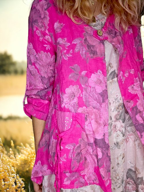 HELGA MAY_SEQUIN POCKET JACKET LINEN SCARLETT ROSE HOT PINK _ SEQUIN POCKET JACKET LINEN SCARLETT ROSE HOT PINK _ Ebony Boutique NZ