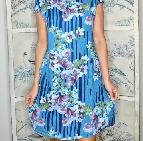HELGA MAY_SLIM KENNEDY DRESS LINEN PAINT STRIPE TURQUOISE S/M _ SLIM KENNEDY DRESS LINEN PAINT STRIPE TURQUOISE S/M _ Ebony Boutique NZ