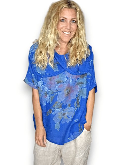 HELGA MAY_SPLIT COLLAR MOKU TOP LINEN BIG BLOSSOM COBALT _ SPLIT COLLAR MOKU TOP LINEN BIG BLOSSOM COBALT _ Ebony Boutique NZ