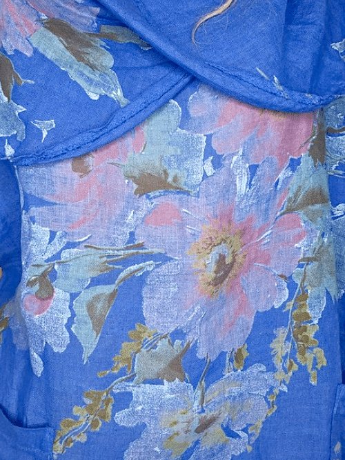 HELGA MAY_SPLIT COLLAR MOKU TOP LINEN BIG BLOSSOM COBALT _ SPLIT COLLAR MOKU TOP LINEN BIG BLOSSOM COBALT _ Ebony Boutique NZ