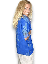 HELGA MAY_SPLIT COLLAR MOKU TOP LINEN BIG BLOSSOM COBALT _ SPLIT COLLAR MOKU TOP LINEN BIG BLOSSOM COBALT _ Ebony Boutique NZ