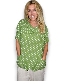 HELGA MAY_SPLIT COLLAR MOKU TOP LINEN POLKA DOT LIME _ SPLIT COLLAR MOKU TOP LINEN POLKA DOT LIME _ Ebony Boutique NZ