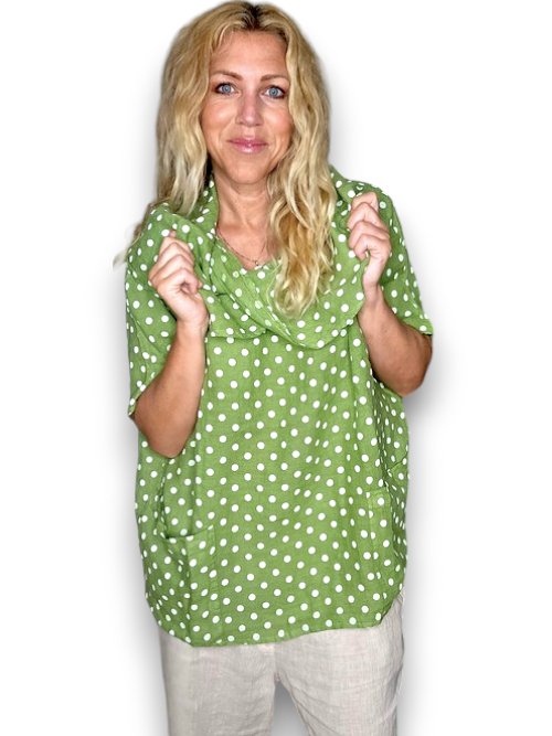 HELGA MAY_SPLIT COLLAR MOKU TOP LINEN POLKA DOT LIME _ SPLIT COLLAR MOKU TOP LINEN POLKA DOT LIME _ Ebony Boutique NZ