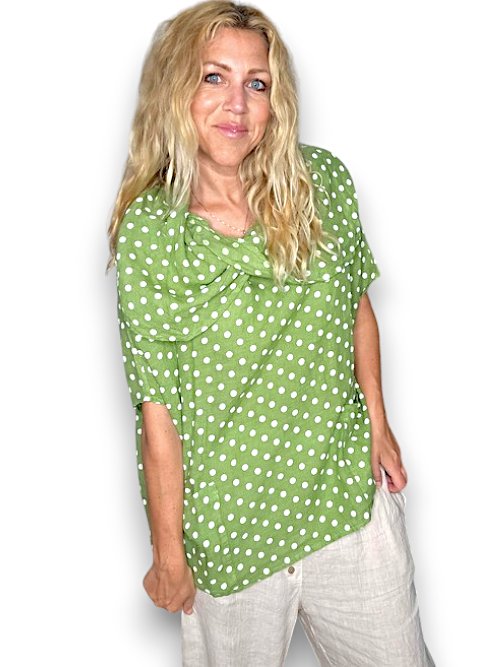 HELGA MAY_SPLIT COLLAR MOKU TOP LINEN POLKA DOT LIME _ SPLIT COLLAR MOKU TOP LINEN POLKA DOT LIME _ Ebony Boutique NZ