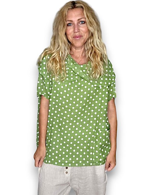 HELGA MAY_SPLIT COLLAR MOKU TOP LINEN POLKA DOT LIME _ SPLIT COLLAR MOKU TOP LINEN POLKA DOT LIME _ Ebony Boutique NZ