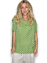 HELGA MAY_SPLIT COLLAR MOKU TOP LINEN POLKA DOT LIME _ SPLIT COLLAR MOKU TOP LINEN POLKA DOT LIME _ Ebony Boutique NZ