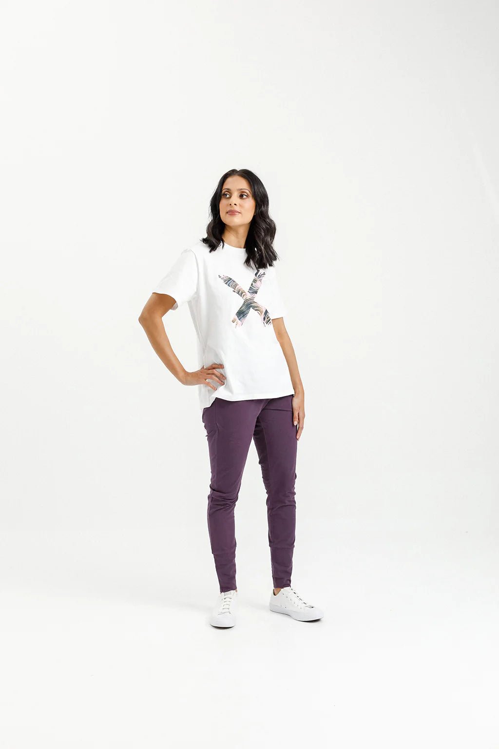 Home Lee Apartment Pants NZ Cotton Plum with Pastel Pink X Ebony