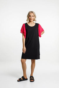 HOME-LEE_LOLA DRESS BLACK WITH RASPBERRY PINK SLEEVES _ LOLA DRESS BLACK WITH RASPBERRY PINK SLEEVES _ Ebony Boutique NZ