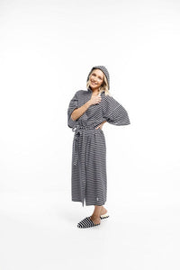 THE GOODNIGHT SOCIETY_HOODED ROBE BLACK & WHITE STRIPES WITH WINGS PRINT _ _ Ebony Boutique NZ