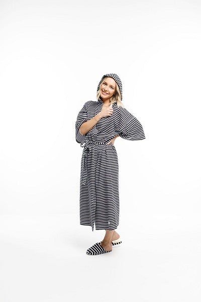 THE GOODNIGHT SOCIETY_HOODED ROBE BLACK & WHITE STRIPES WITH WINGS PRINT _ _ Ebony Boutique NZ