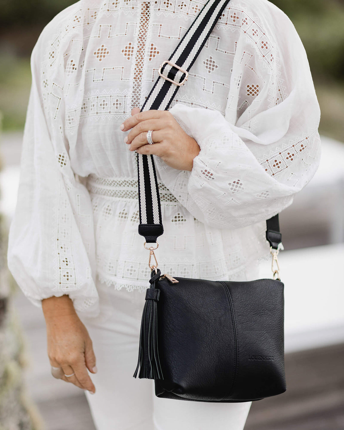 LOUENHIDE_KASEY CROSSBODY BAG BLACK STRIPE GUITAR STRAP _ _ Ebony Boutique NZ