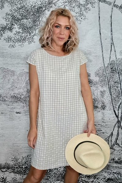 HELGA MAY_KENNEDY DRESS VISCOSE/COTTON POLKA CHECK BEIGE _ _ Ebony Boutique NZ
