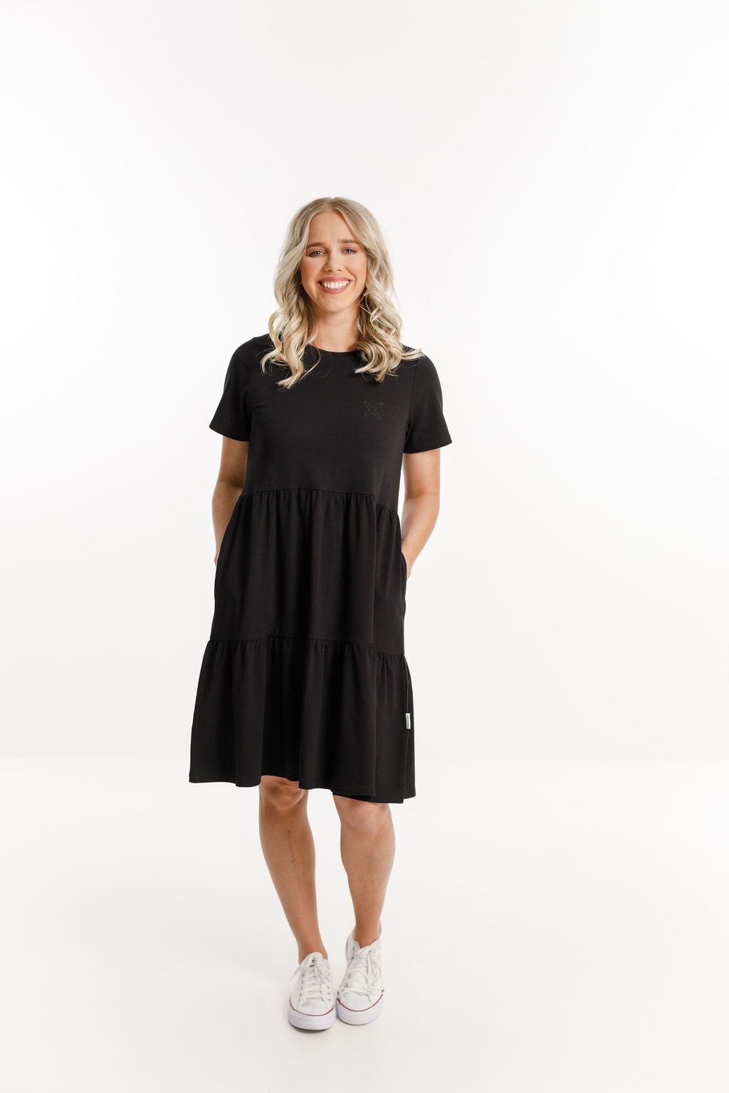 HOME-LEE_KYLIE DRESS BLACK WITH X OUTLINE EMBROIDERY _ _ Ebony Boutique NZ