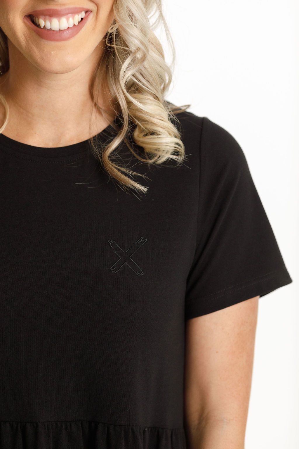 HOME-LEE_KYLIE DRESS BLACK WITH X OUTLINE EMBROIDERY _ _ Ebony Boutique NZ