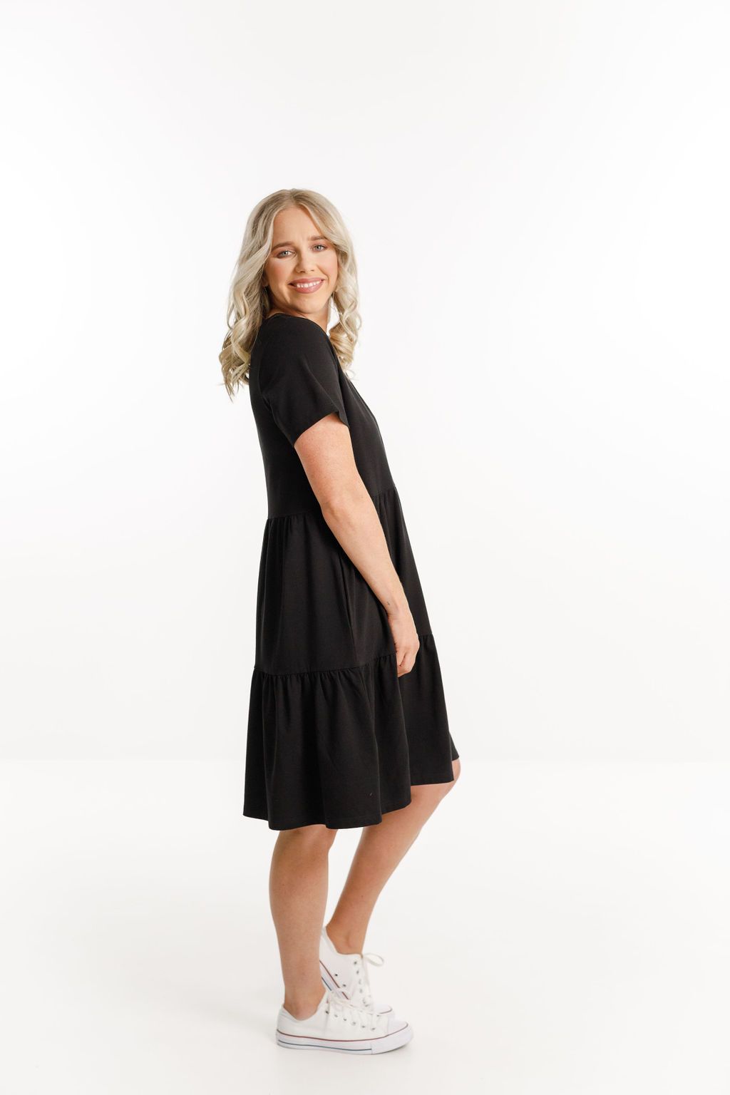 HOME-LEE_KYLIE DRESS BLACK WITH X OUTLINE EMBROIDERY _ _ Ebony Boutique NZ