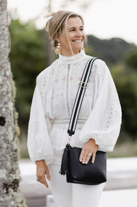 LOUENHIDE_KASEY CROSSBODY BAG BLACK STRIPE GUITAR STRAP _ KASEY CROSSBODY BAG BLACK STRIPE GUITAR STRAP _ Ebony Boutique NZ