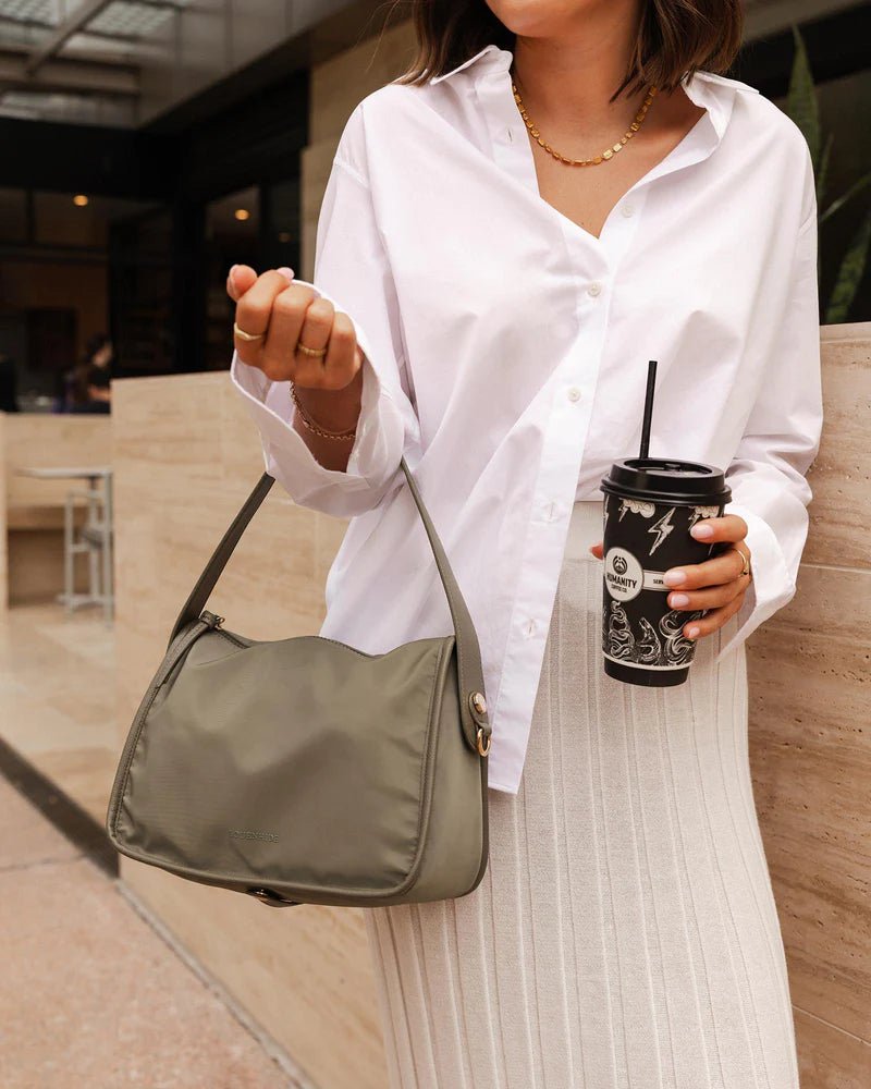 LOUENHIDE_MILAN NYLON CROSSBODY BAG KHAKI _ MILAN NYLON CROSSBODY BAG KHAKI _ Ebony Boutique NZ