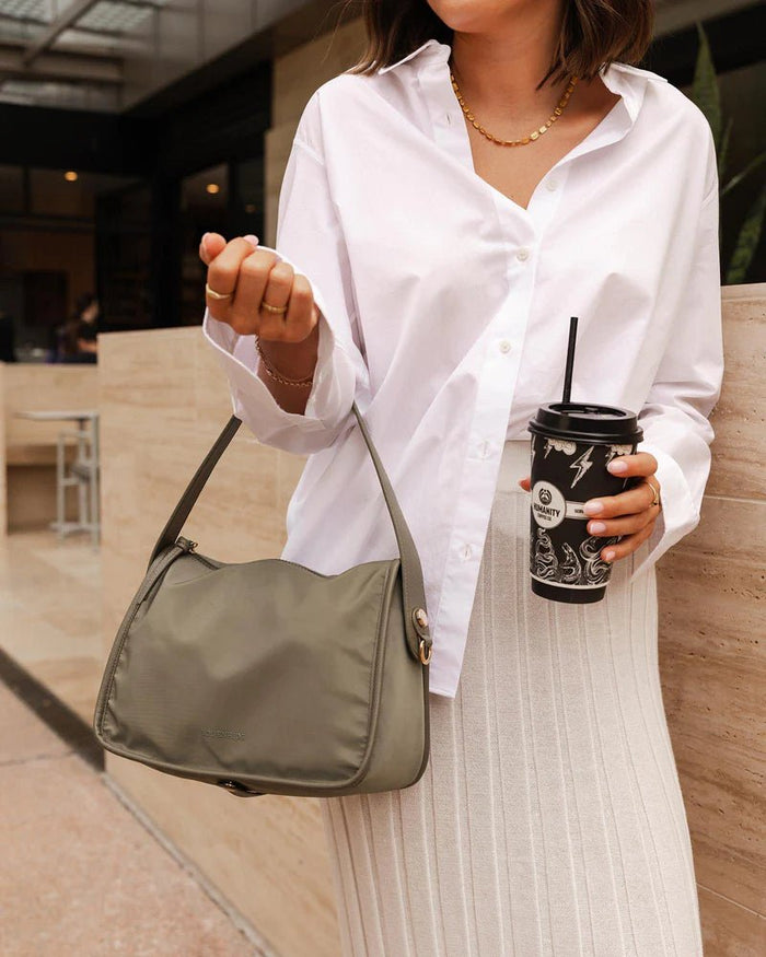 LOUENHIDE_MILAN NYLON CROSSBODY BAG KHAKI _ MILAN NYLON CROSSBODY BAG KHAKI _ Ebony Boutique NZ