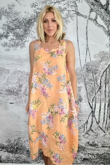 Italian Square Neck Floral Print Sleeveless Linen Dress