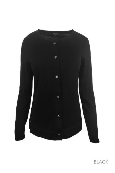 EBONY_MERINO BUTTON CARDIGAN WOMENS LONG SLEEVES CREW NECK BLACK _ _ Ebony Boutique NZ