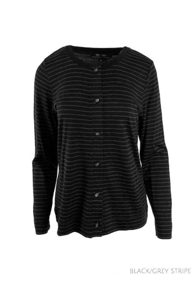 EBONY_MERINO BUTTON CARDIGAN WOMENS LONG SLEEVES CREW NECK STRIPE BLACK/GREY _ _ Ebony Boutique NZ