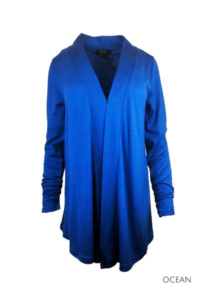 EBONY_WOMENS 100% MERINO WOOL (210) LONG SLEEVE CHIC DRAPE CARDIGAN _ _ Ebony Boutique NZ