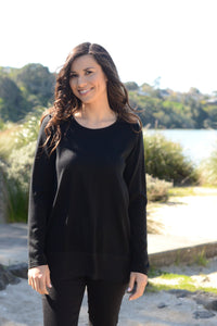 EBONY_MERINO CHIFFON HEM TOP LONG SLEEVES SCOOP NECK BLACK _ _ Ebony Boutique NZ