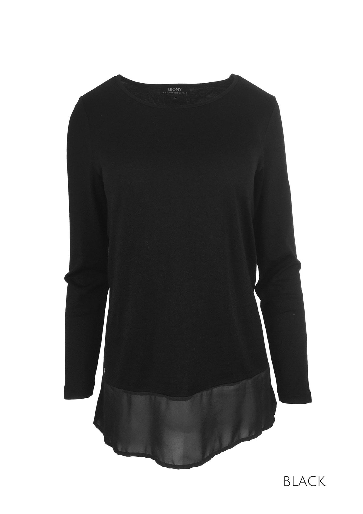 EBONY_MERINO CHIFFON HEM TOP LONG SLEEVES SCOOP NECK BLACK _ _ Ebony Boutique NZ