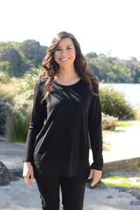 EBONY_MERINO CHIFFON HEM TOP LONG SLEEVES SCOOP NECK BLACK _ _ Ebony Boutique NZ
