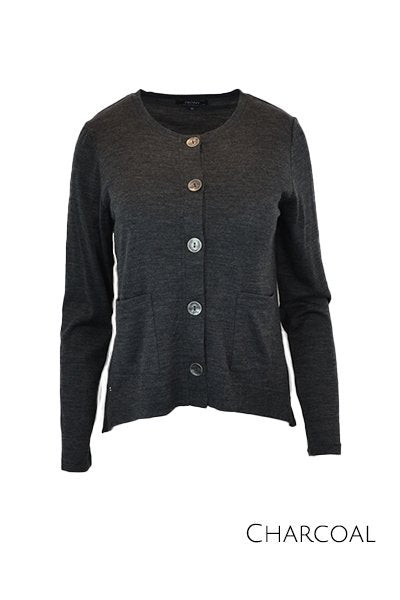 EBONY_MERINO CRESCENT HEM CARDIGAN WITH POCKETS LONG SLEEVES ROUND NECK CHARCOAL _ _ Ebony Boutique NZ