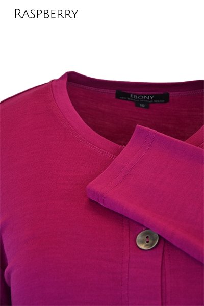 EBONY_MERINO CRESCENT HEM CARDIGAN WITH POCKETS LONG SLEEVES ROUND NECK RASPBERRY _ _ Ebony Boutique NZ