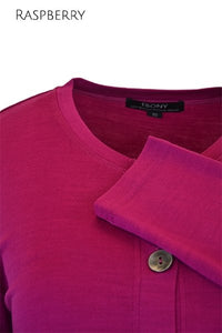EBONY_MERINO CRESCENT HEM CARDIGAN WITH POCKETS LONG SLEEVES ROUND NECK RASPBERRY _ _ Ebony Boutique NZ