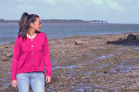 EBONY_MERINO CRESCENT HEM CARDIGAN WITH POCKETS LONG SLEEVES ROUND NECK RASPBERRY _ _ Ebony Boutique NZ