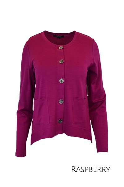 EBONY_MERINO CRESCENT HEM CARDIGAN WITH POCKETS LONG SLEEVES ROUND NECK RASPBERRY _ _ Ebony Boutique NZ