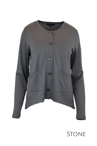 EBONY_MERINO CRESCENT HEM CARDIGAN WITH POCKETS LONG SLEEVES ROUND NECK STONE _ _ Ebony Boutique NZ