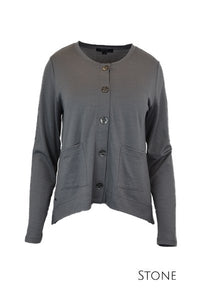 EBONY_MERINO CRESCENT HEM CARDIGAN WITH POCKETS LONG SLEEVES ROUND NECK STONE _ _ Ebony Boutique NZ