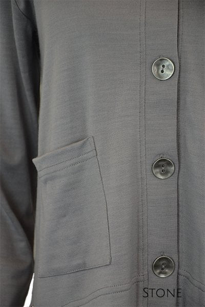 EBONY_MERINO CRESCENT HEM CARDIGAN WITH POCKETS LONG SLEEVES ROUND NECK STONE _ _ Ebony Boutique NZ