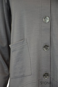 EBONY_MERINO CRESCENT HEM CARDIGAN WITH POCKETS LONG SLEEVES ROUND NECK STONE _ _ Ebony Boutique NZ