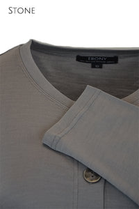 EBONY_MERINO CRESCENT HEM CARDIGAN WITH POCKETS LONG SLEEVES ROUND NECK STONE _ _ Ebony Boutique NZ